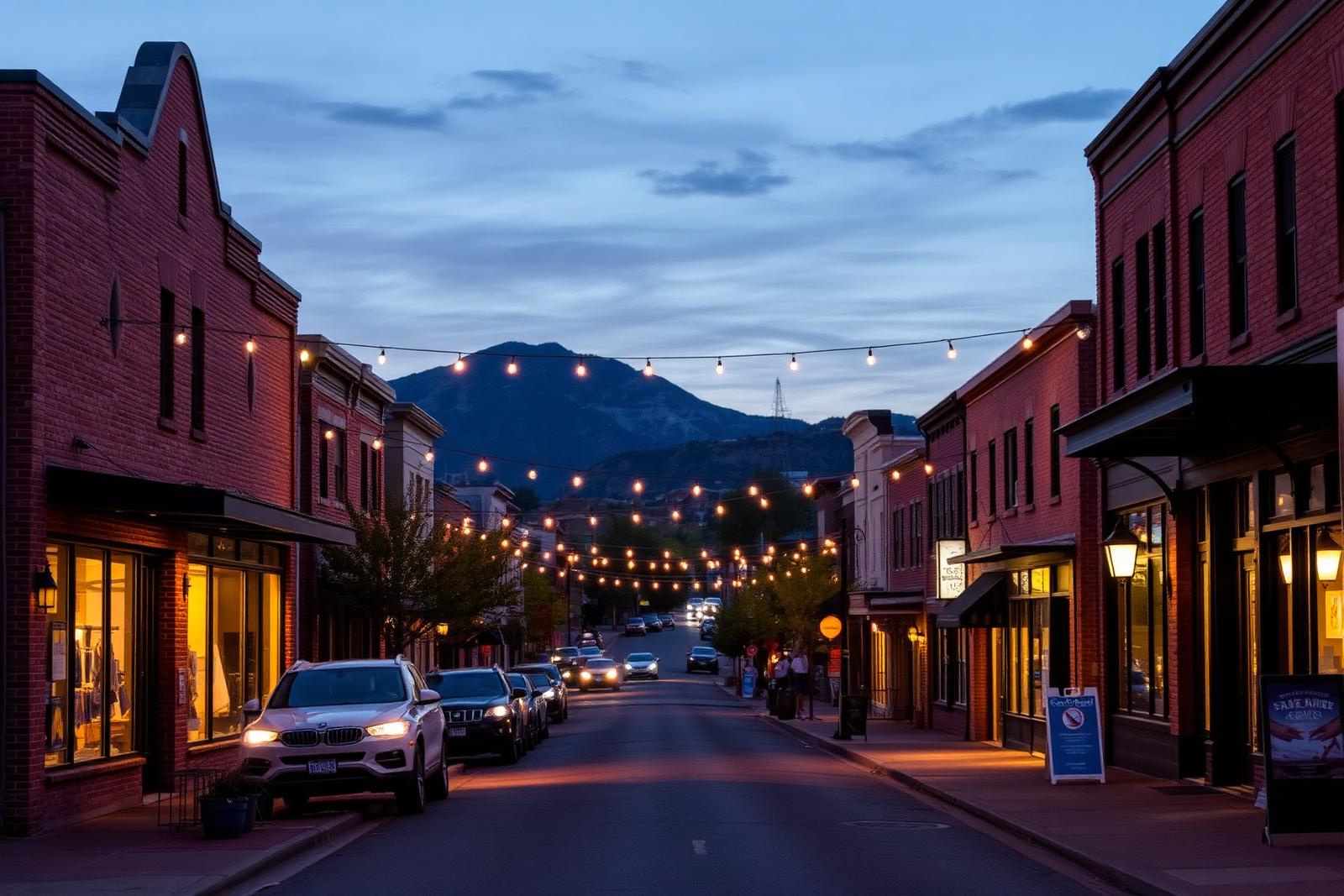 Historic downtown Parker at dusk with string lights and mountain views